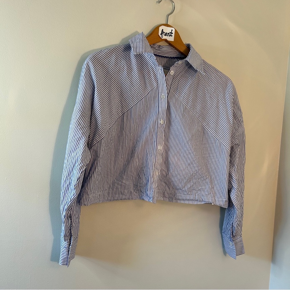 Maeve by Anthropologie Blue White cropped Striped Button-down Shirt Womens sz XS